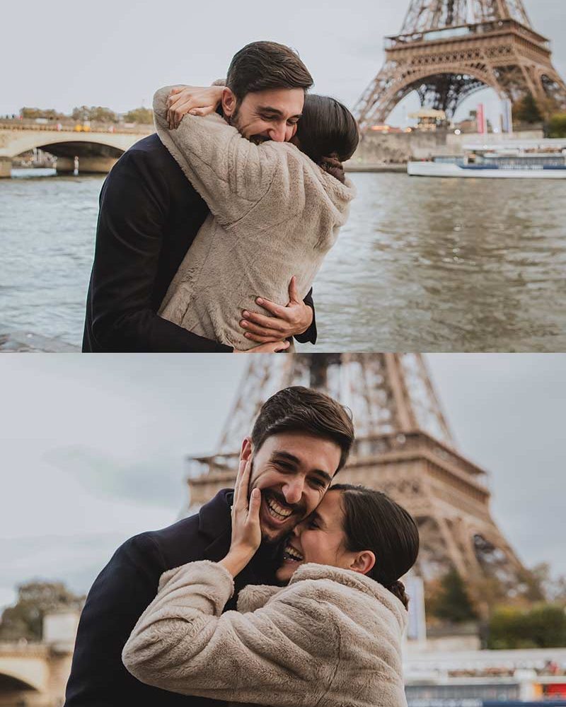 Propuesta de matrimonio al atardecer junto al río Sena en París. Proposal at sunset by the Seine River in Paris.