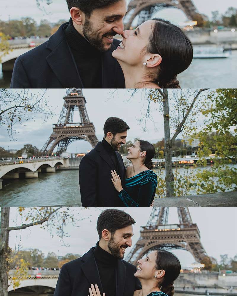 Propuesta de matrimonio al atardecer junto al río Sena en París. Proposal at sunset by the Seine River in Paris.