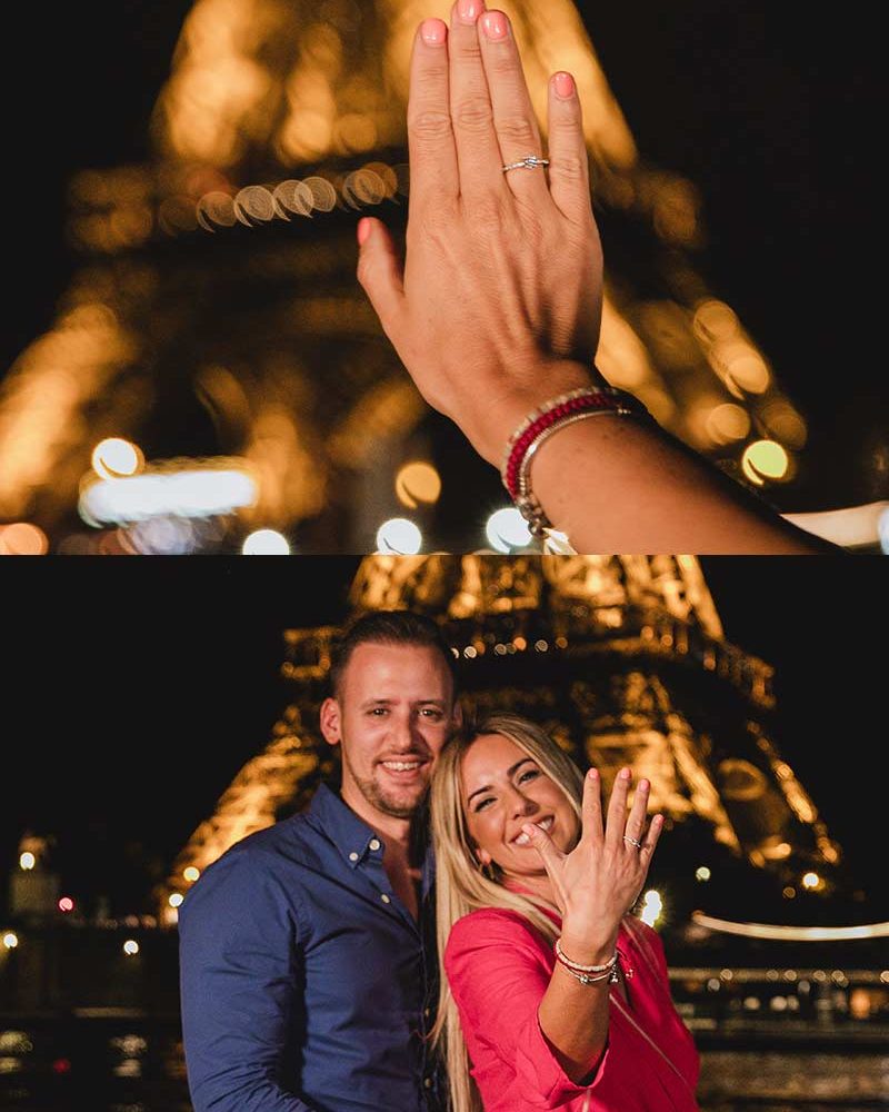 Propuesta de matrimonio al atardecer junto al río Sena en París. Proposal at sunset by the Seine River in Paris.
