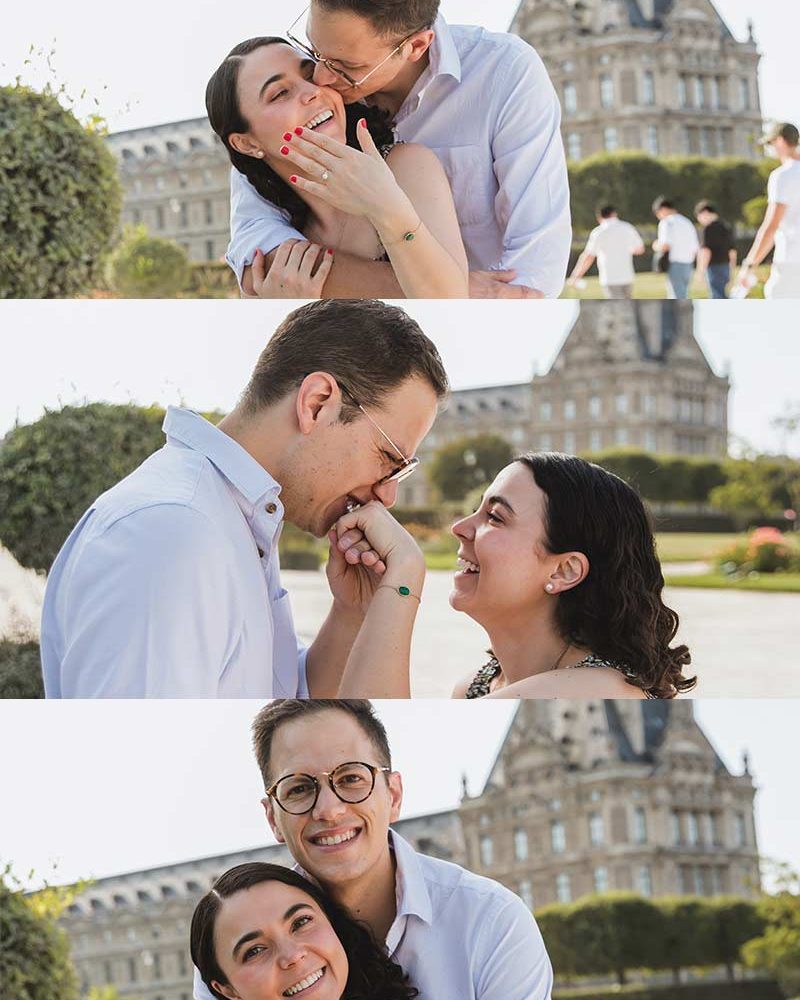 Propuesta de matrimonio en la mañana frente al museo del Louvre. Proposal at the morning by the Louvre Museum in Paris.