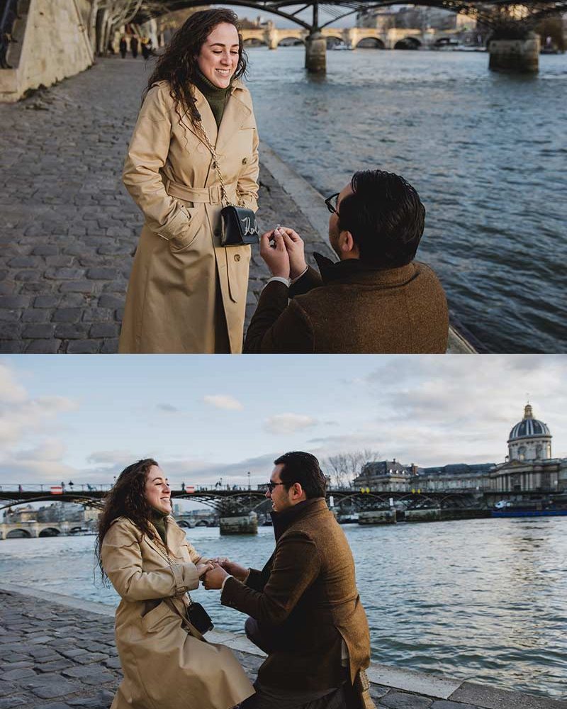 Propuesta de matrimonio en la tarde frente al puente de los candados en París. Proposal at the afternoon by the padlocks bridge in Paris.