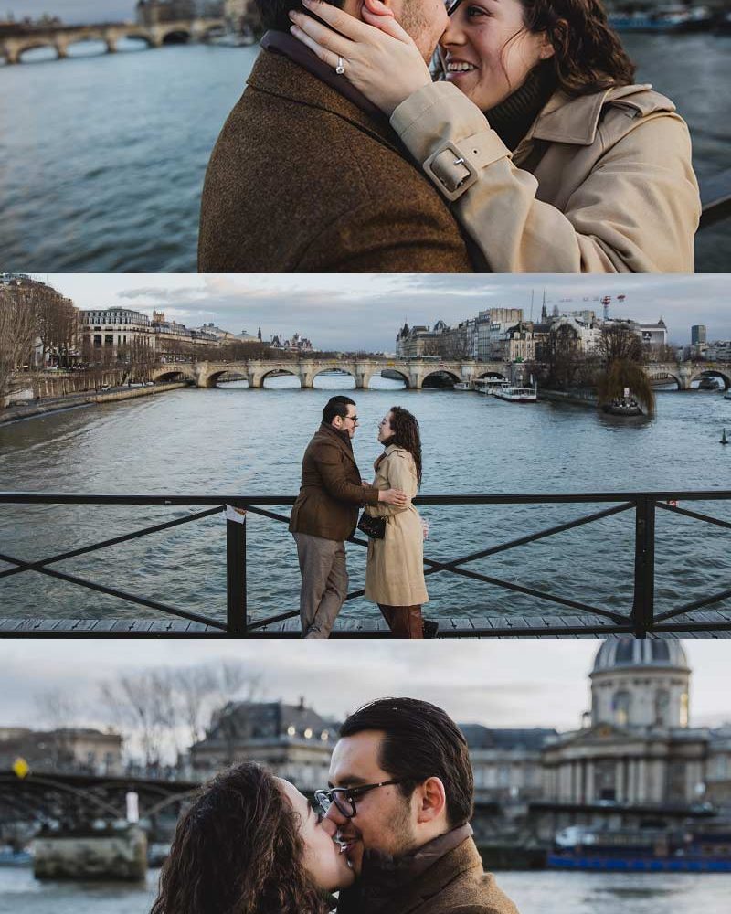 Propuesta de matrimonio en la tarde frente al puente de los candados en París. Proposal at the afternoon by the padlocks bridge in Paris.