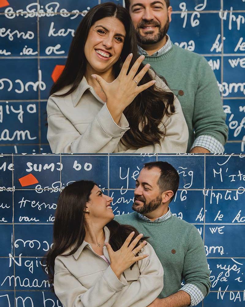 Propuesta de matrimonio frente al Muro de los Te Amo en Montmartre, París. Marriage proposal in front of the Wall of Love in Montmartre, Paris.